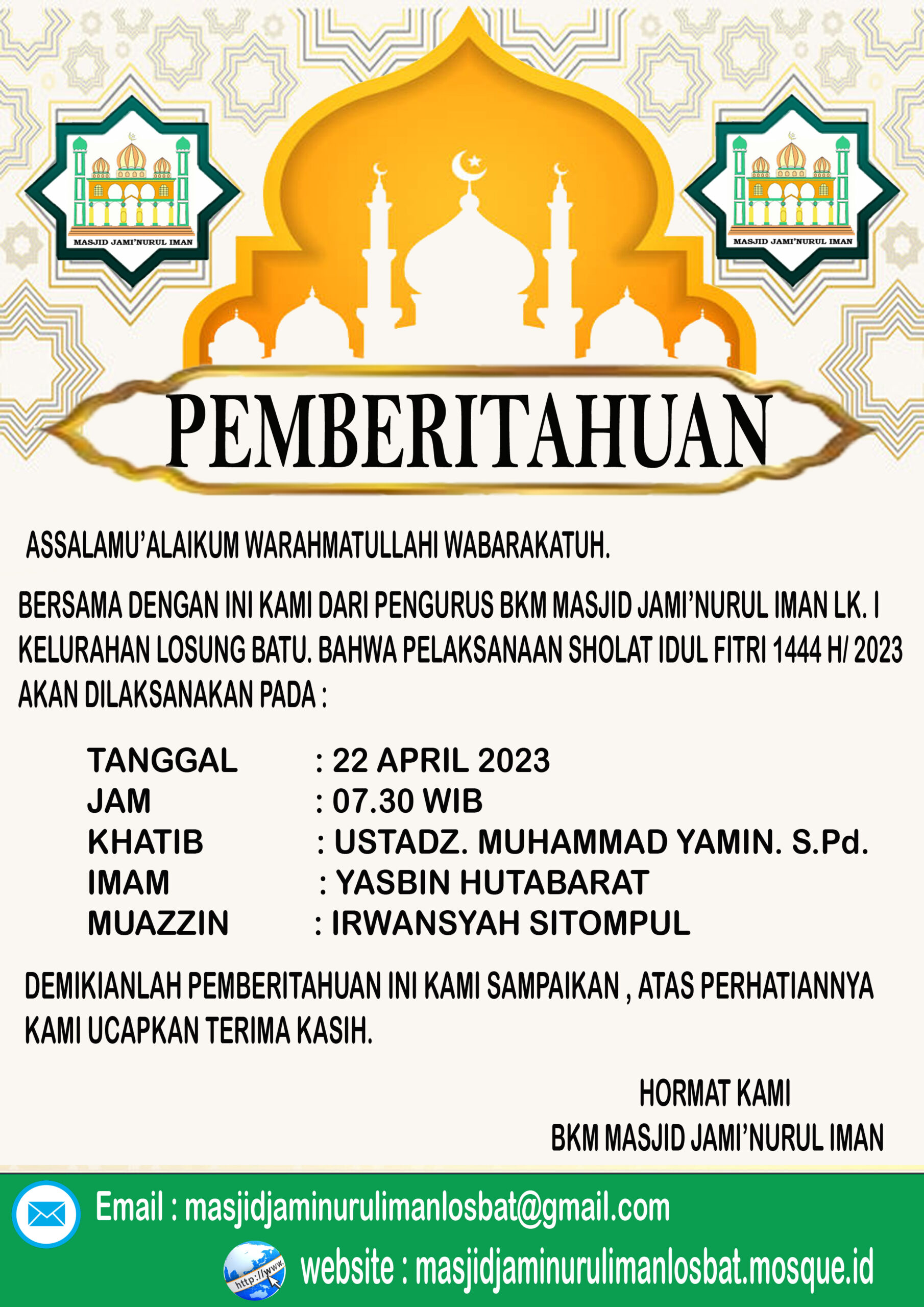 Pelaksanaan Sholat Idul Fitri 1444 H / 2023 M